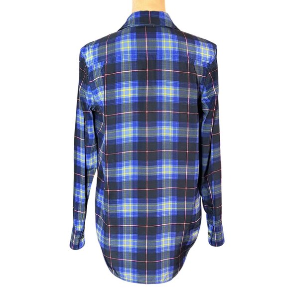 Equipment 100% Silk Plaid Shirt SZ XS Blue Oversized Preppy Academia Grunge - Picture 4 of 12